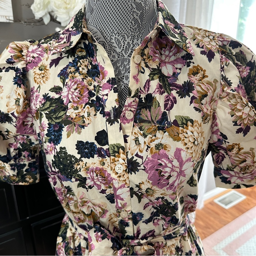 Who What Wear Puff Sleeve Floral Button Front Dress XS Belted Pockets Size XS/S - Picture 3 of 16